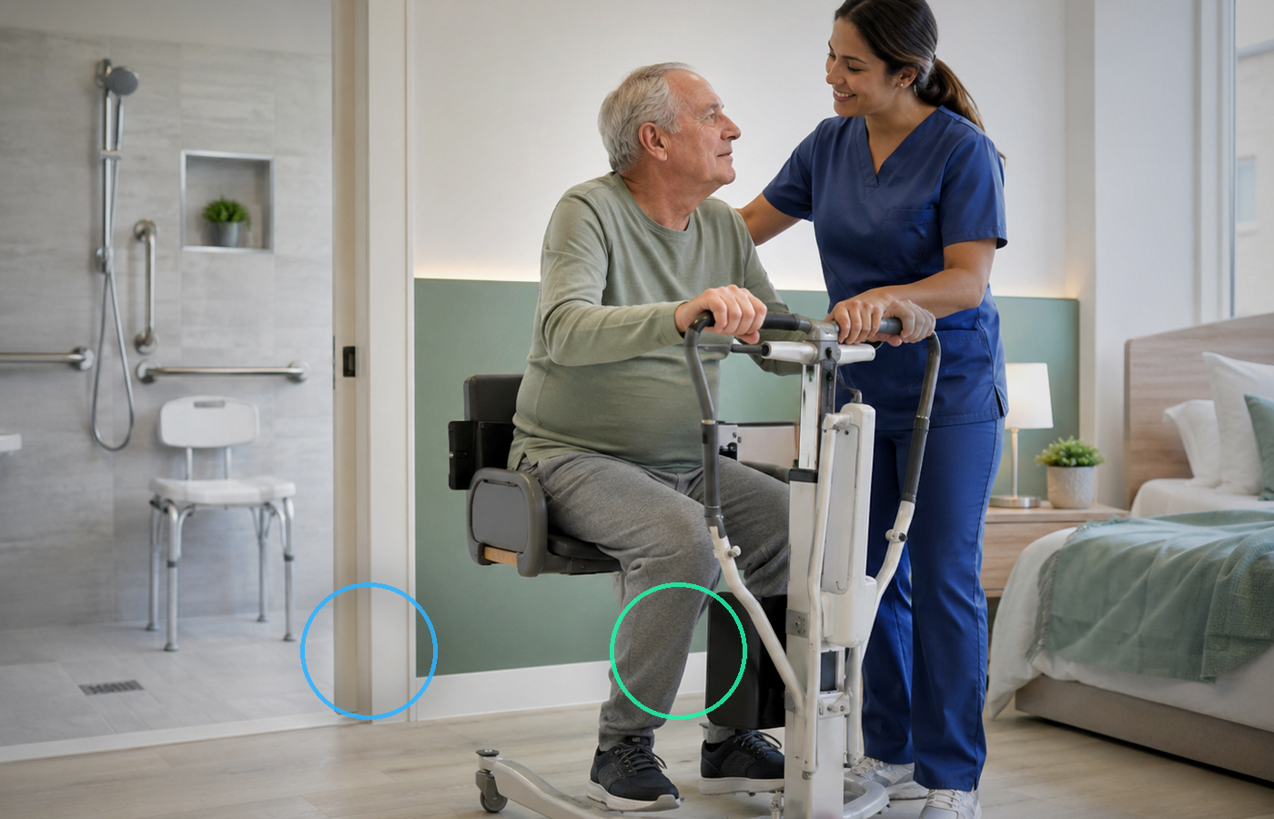 Older adult using a walker with caregiver support